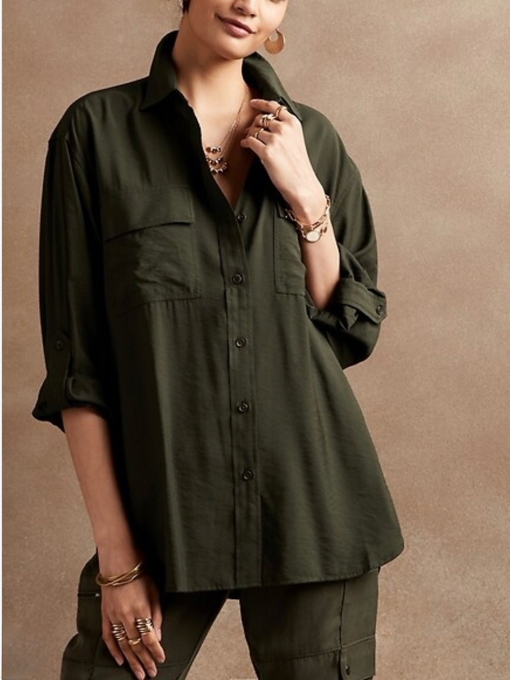 Banana Republic Utility Tunic Shirt XL Olive Long Roll Tab Sleeves